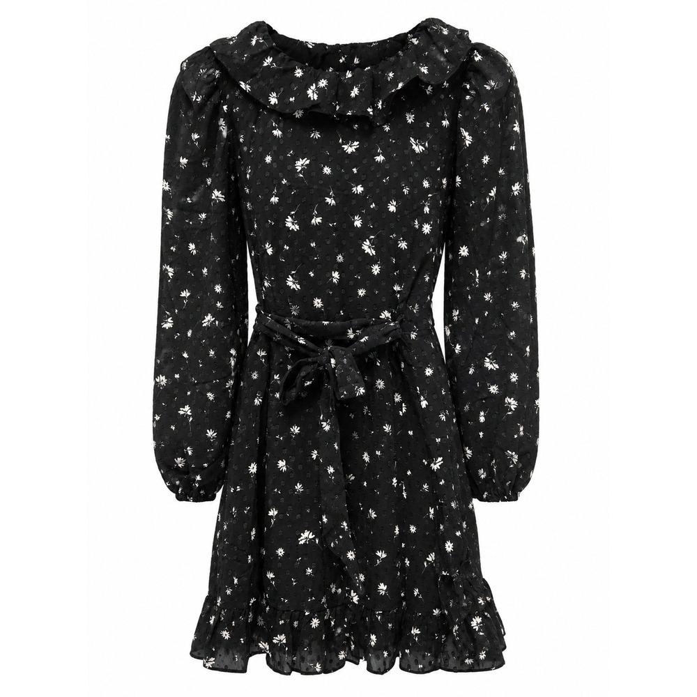 Spring + Mercer Black Floral Swiss Dot Ruffle Wrap Mini Dress XS NWT - Picture 5 of 10